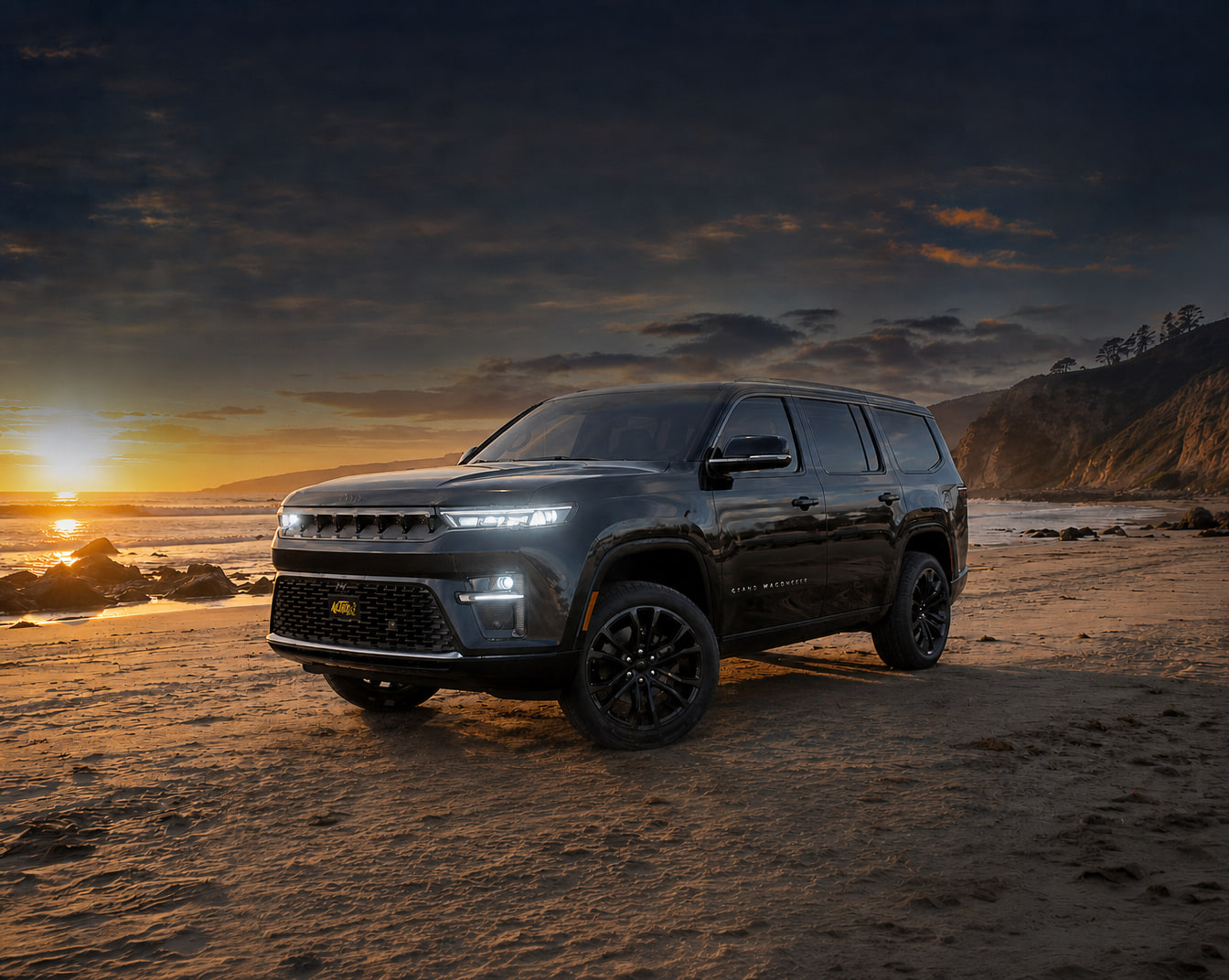 The 2026 Jeep Grand Wagoneer Summit Reserve being given away, photographed on a beach at sunset